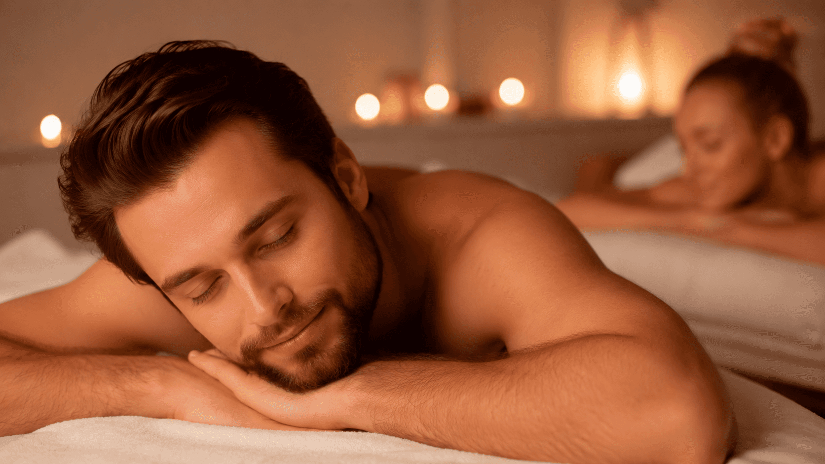 Pareja relajándose durante un masaje en Diamond Spa, El Poblado, Medellín, con iluminación cálida