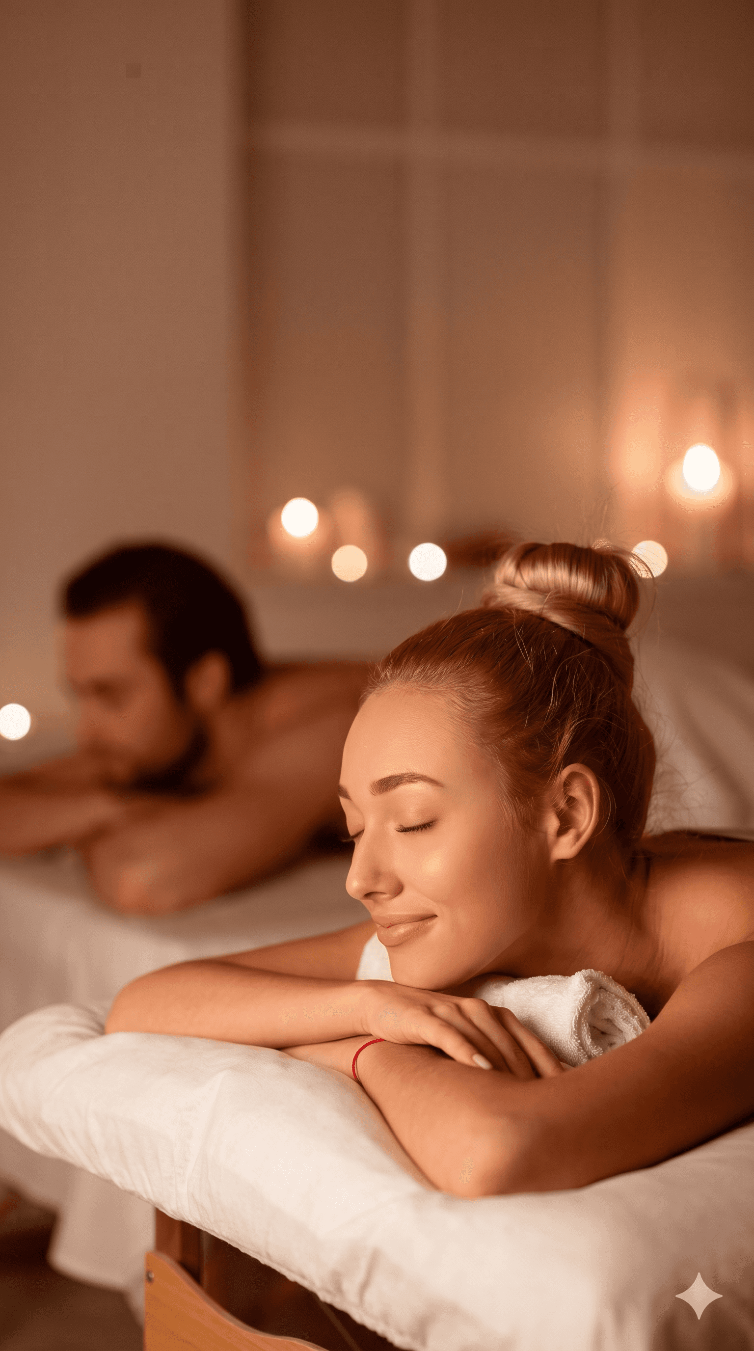Pareja relajándose durante un masaje en Diamond Spa, El Poblado, Medellín, con iluminación cálida
